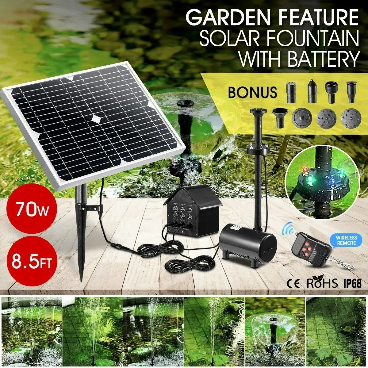 Ausway 70W Solar Fountain Water Pump with Battery and LED Light for Birdbath Garden Pool