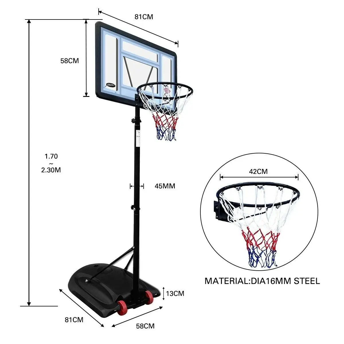 Ausway Basketball Hoop Ring Portable Adjustable Stand System Net Backboard Rim Wheels 1.7-2.3m