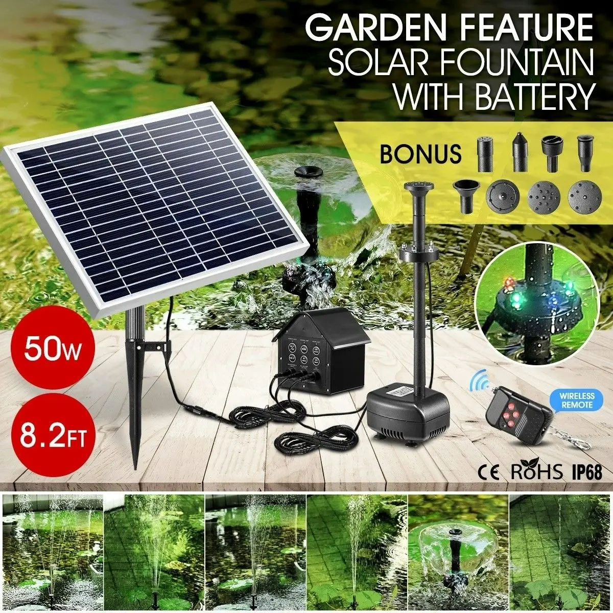 Ausway 50W Solar Fountain Water Pump with Battery and LED Light for Birdbath Garden Pool