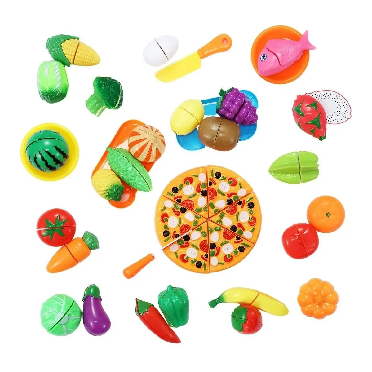 Ausway 62 Pieces Kitchen Pretend Play Food Set for Kids Cutting Fruits Vegetables Pizza Toys Set