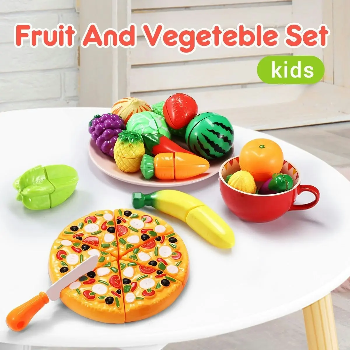 Ausway 62 Pieces Kitchen Pretend Play Food Set for Kids Cutting Fruits Vegetables Pizza Toys Set