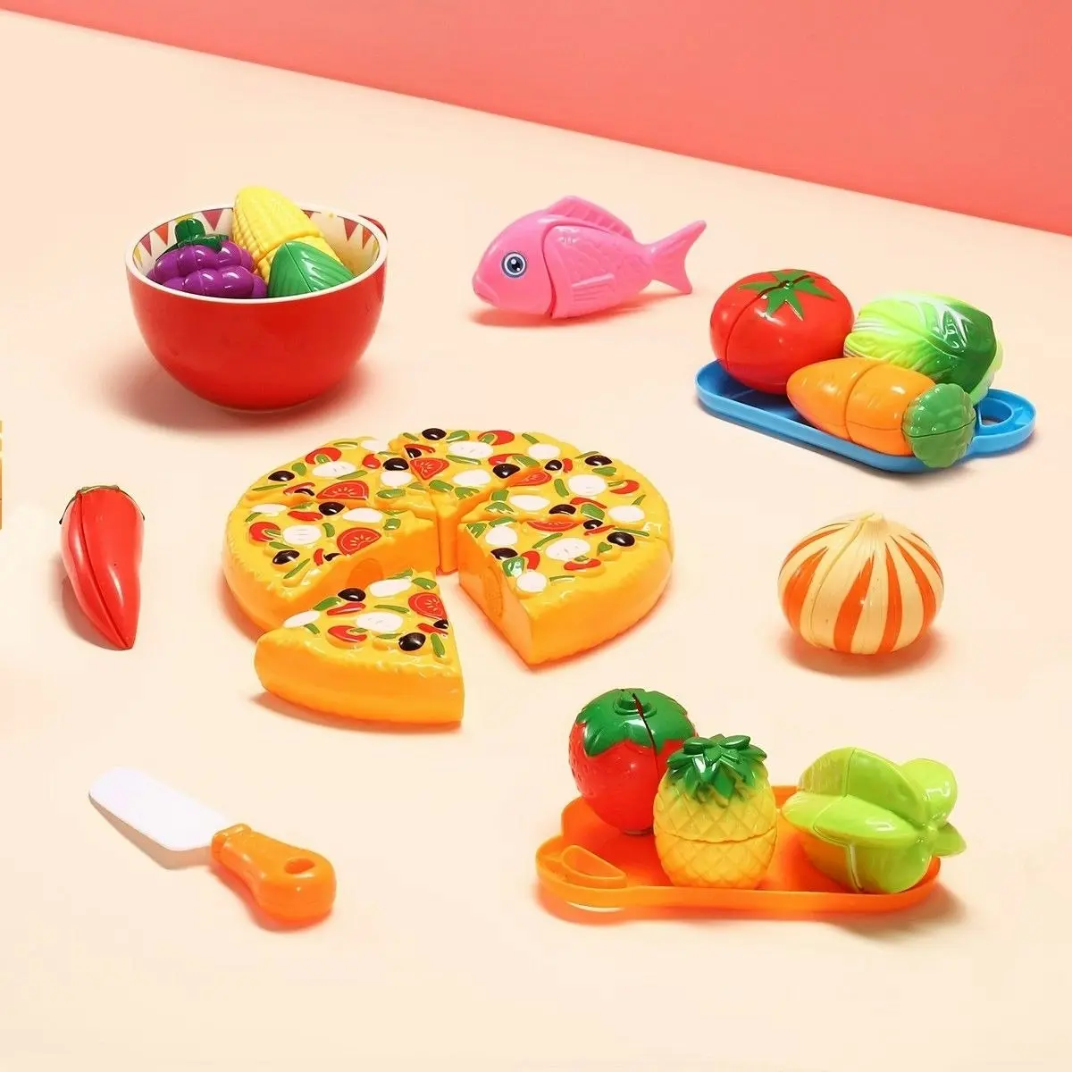 Ausway 62 Pieces Kitchen Pretend Play Food Set for Kids Cutting Fruits Vegetables Pizza Toys Set