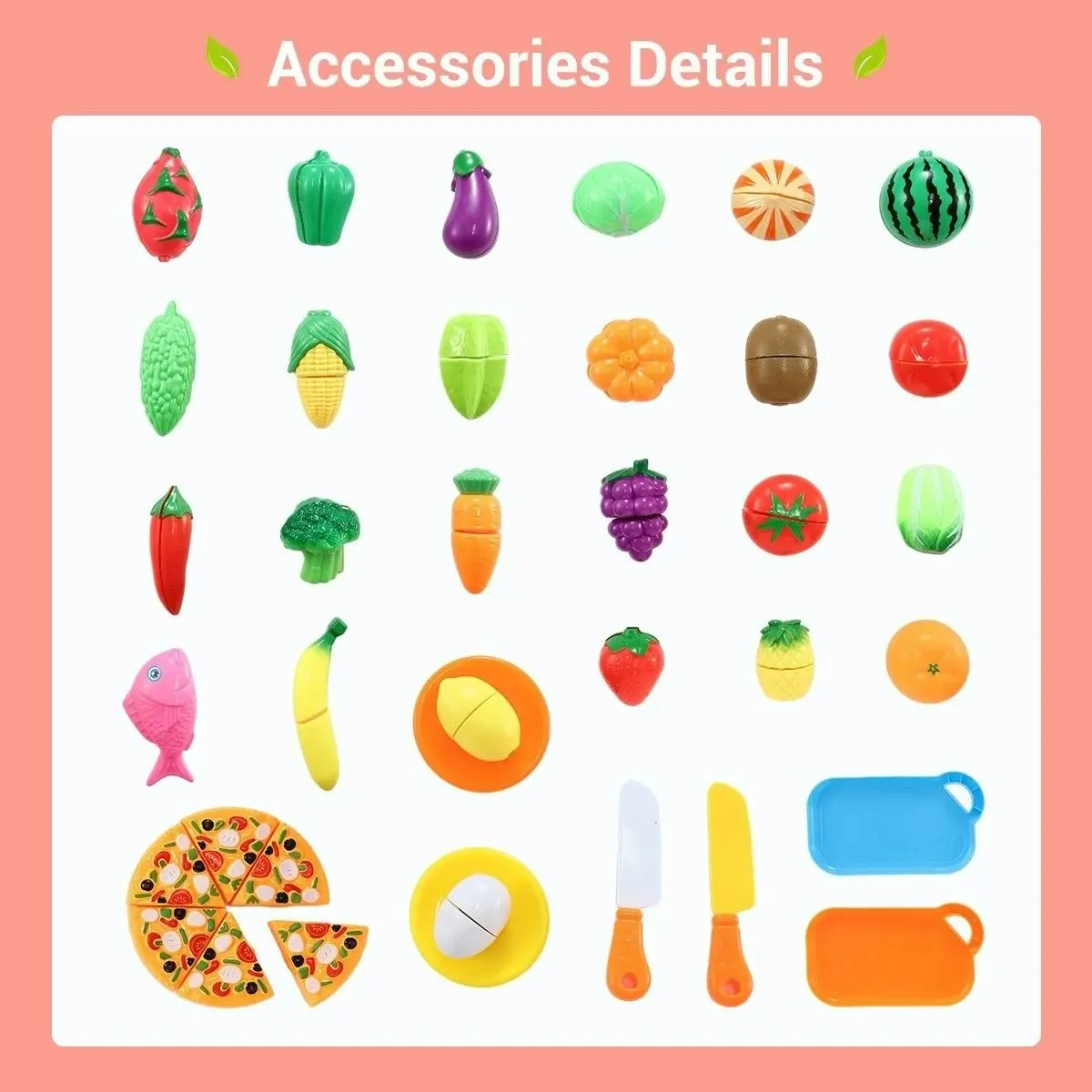 Ausway 62 Pieces Kitchen Pretend Play Food Set for Kids Cutting Fruits Vegetables Pizza Toys Set