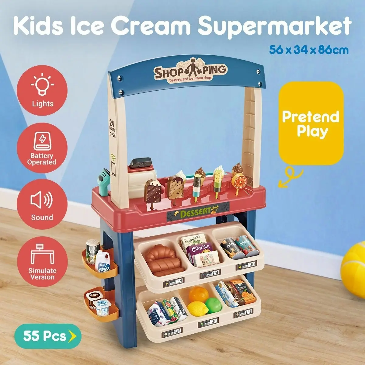 Ausway 55 Piece Kids Pretend Role-Play Supermarket Playset Grocery Shop Ice Cream Toys