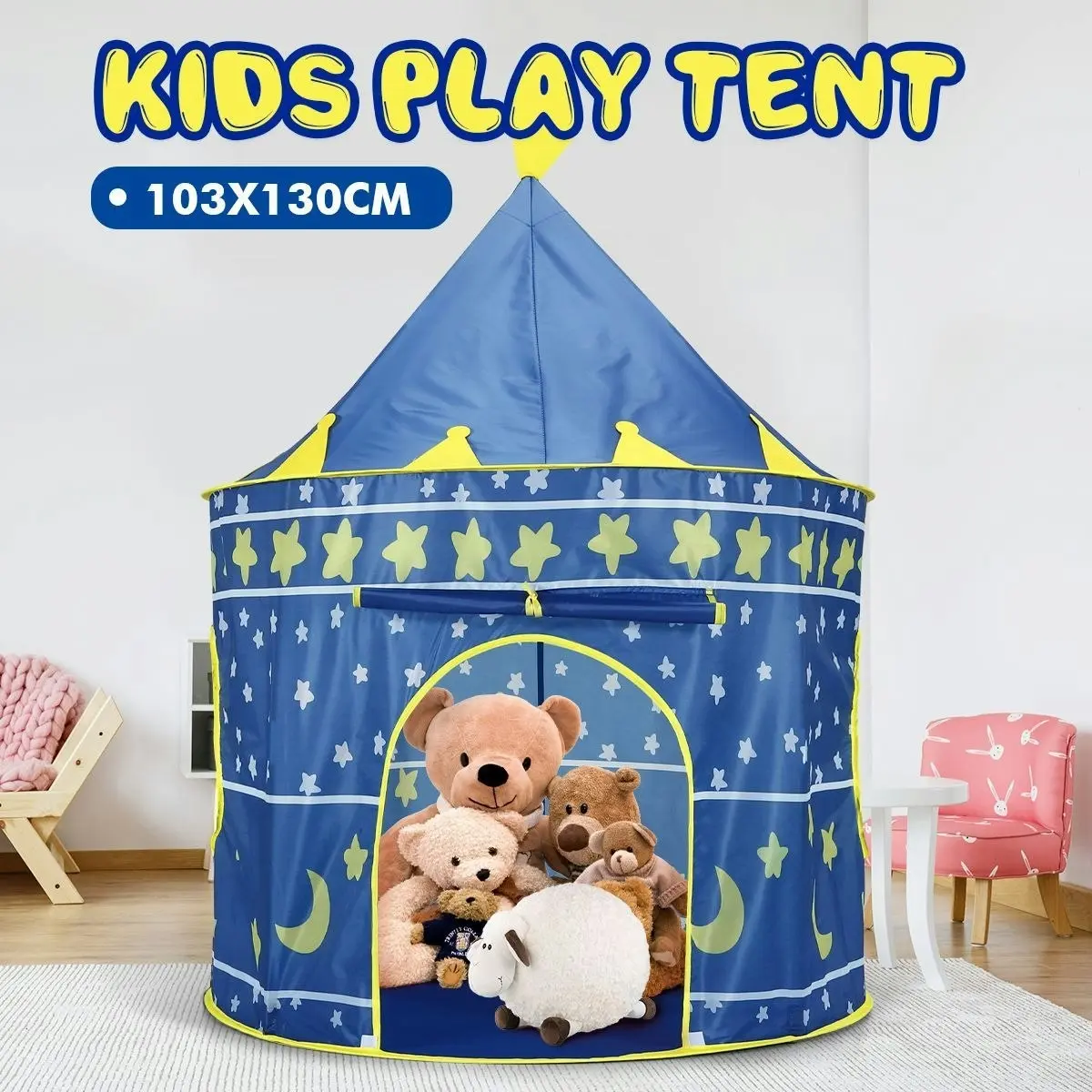 Ausway Castle Play Tent for Boys Girls Night-Sky Kids Play House Star Moon - Blue