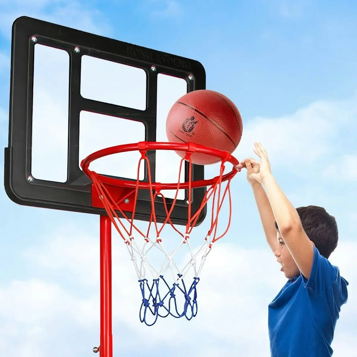 Ausway 1.6m 2m Kids Portable Basketball Hoop Stand System with Adjustable Height Net Ring Ball