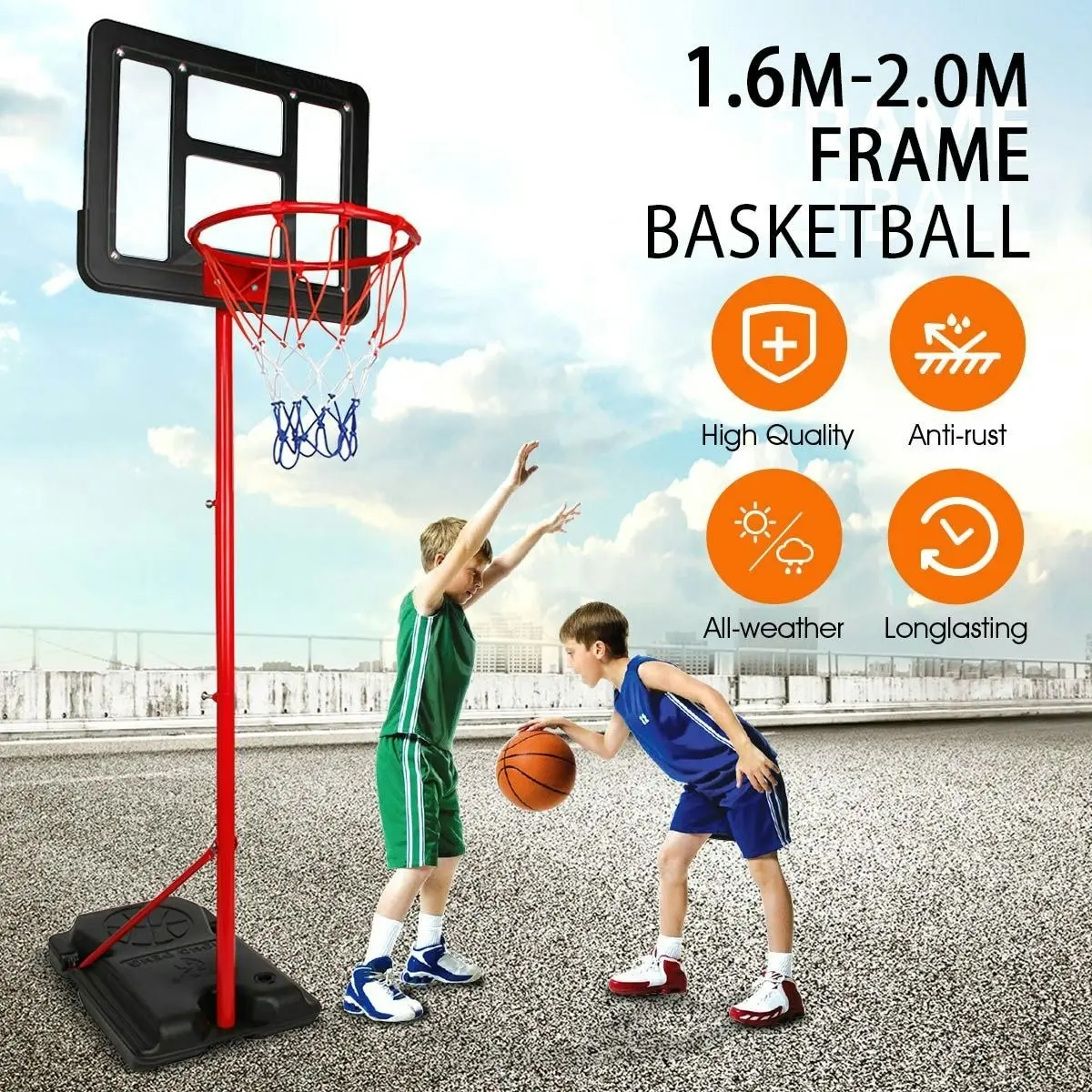 Ausway 1.6m 2m Kids Portable Basketball Hoop Stand System with Adjustable Height Net Ring Ball