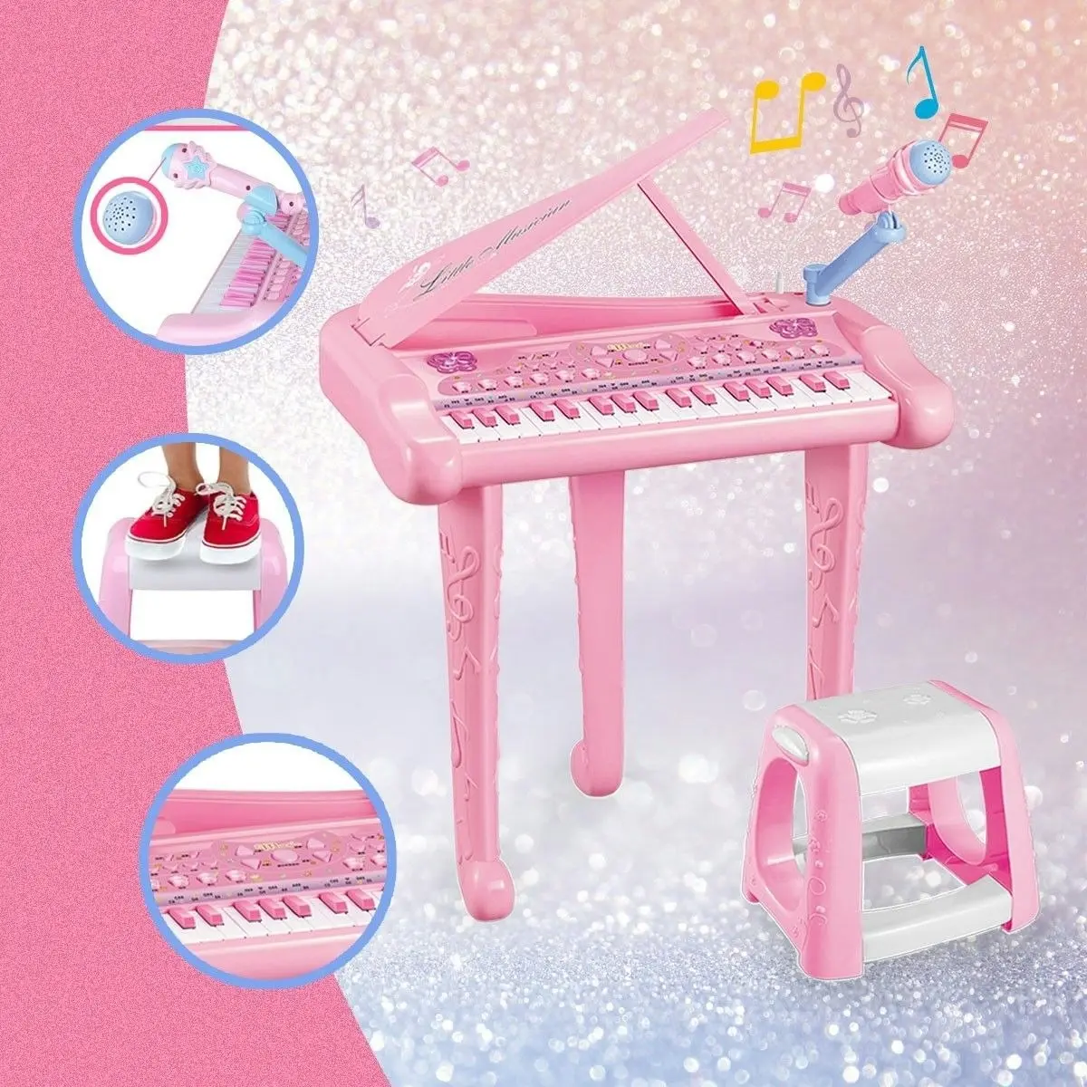 Ausway 37 Key Kids Electronic Keyboard Piano Organ Musical Toy with Microphone & Stool