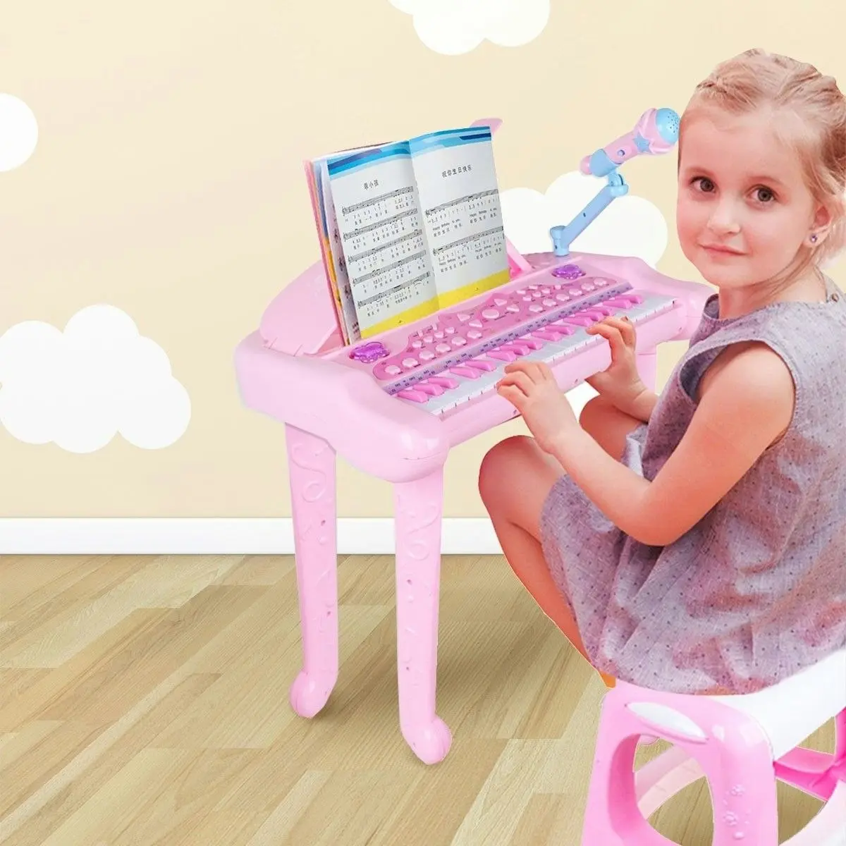 Ausway 37 Key Kids Electronic Keyboard Piano Organ Musical Toy with Microphone & Stool