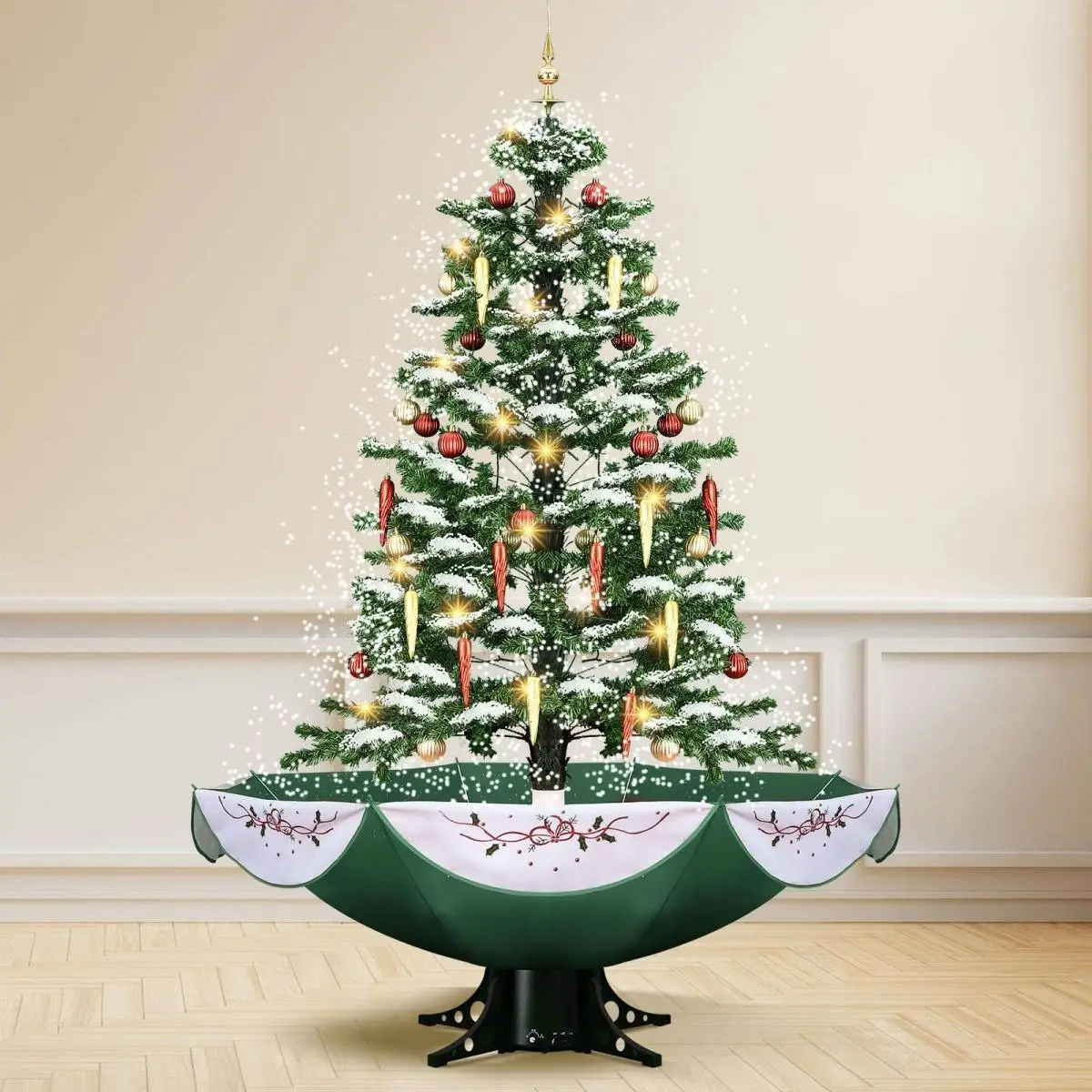 Solight Snowing Christmas Tree Green Artificial Xmas Topper LED String Fairy Lights Decoration Ball Musical Snow Ornament Umbrella Stand 140cm