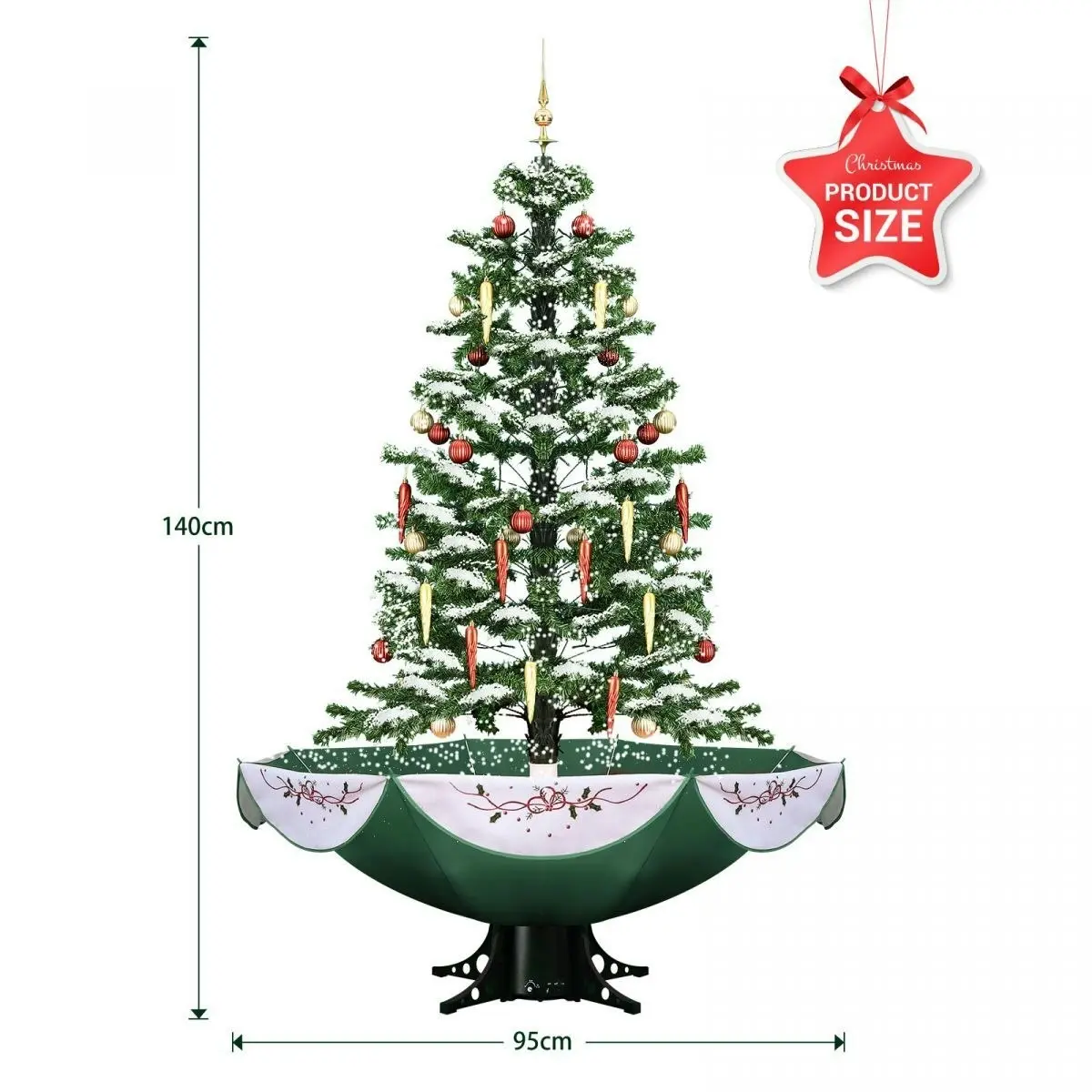 Solight Snowing Christmas Tree Green Artificial Xmas Topper LED String Fairy Lights Decoration Ball Musical Snow Ornament Umbrella Stand 140cm