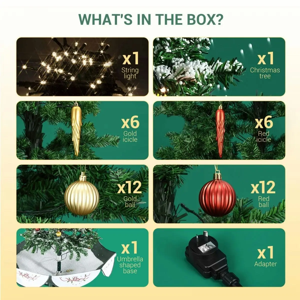 Solight Snowing Christmas Tree Green Artificial Xmas Topper LED String Fairy Lights Decoration Ball Musical Snow Ornament Umbrella Stand 140cm