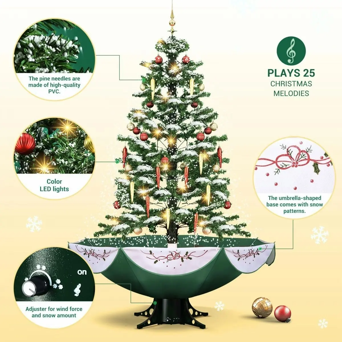 Solight Snowing Christmas Tree Green Artificial Xmas Topper LED String Fairy Lights Decoration Ball Musical Snow Ornament Umbrella Stand 140cm