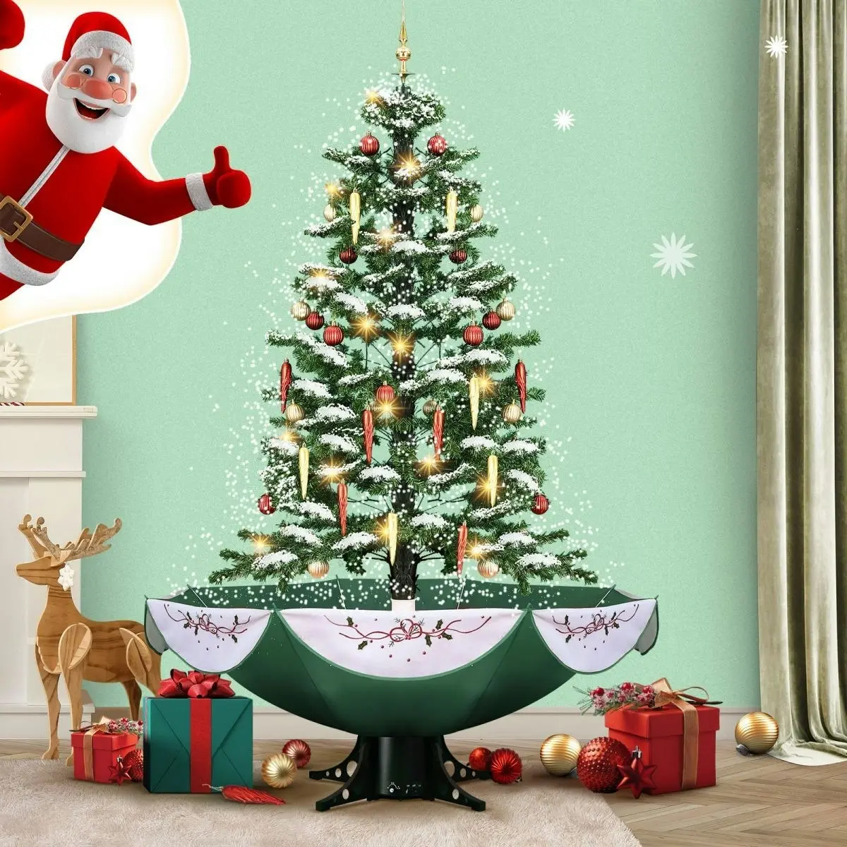 Solight Snowing Christmas Tree Green Artificial Xmas Topper LED String Fairy Lights Decoration Ball Musical Snow Ornament Umbrella Stand 140cm