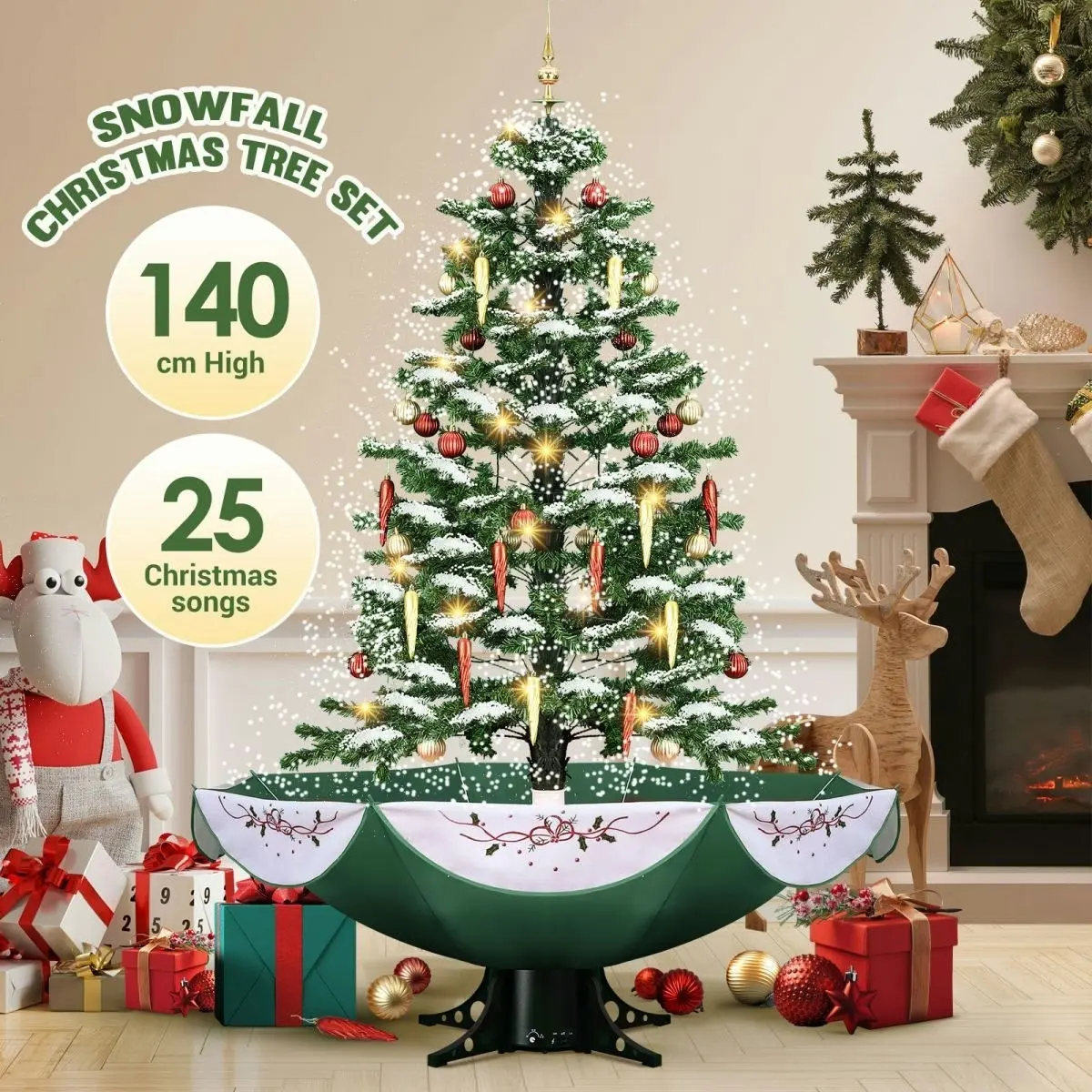 Solight Snowing Christmas Tree Green Artificial Xmas Topper LED String Fairy Lights Decoration Ball Musical Snow Ornament Umbrella Stand 140cm