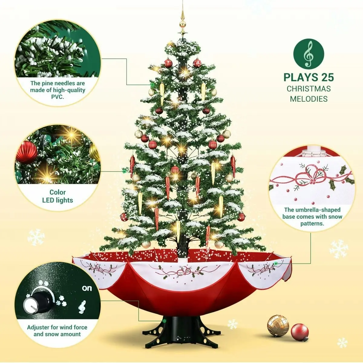 Solight Christmas Tree Decorated Snowing LED String Fairy Lights Xmas Topper Artificial Decoration Balls Icicle Ornament Musical Umbrella Stand 190cm