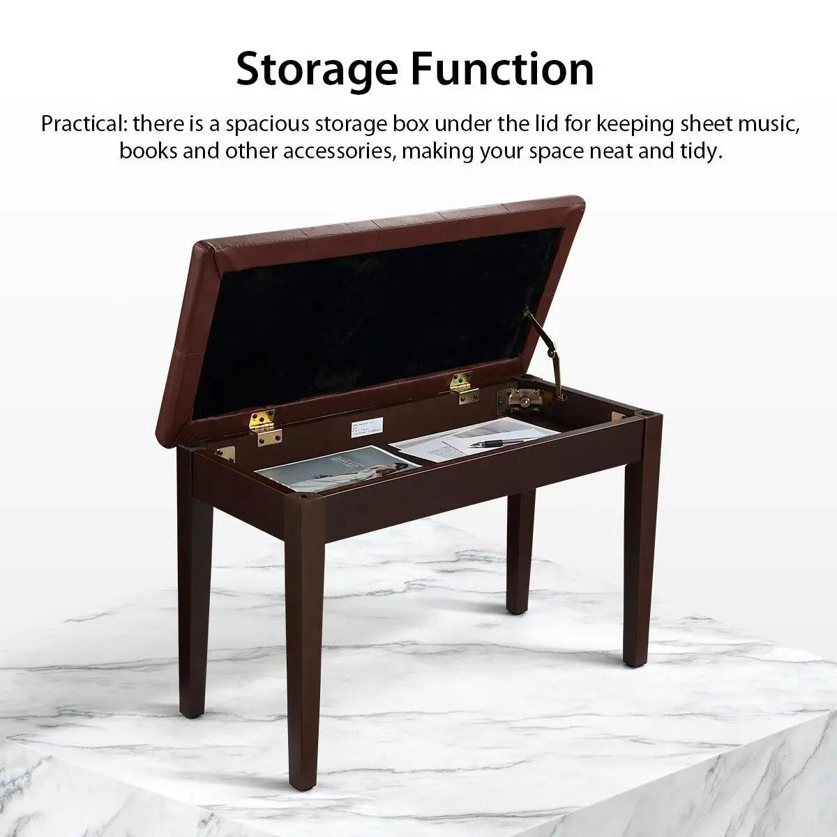 Melodic  Luxury Piano Keyboard Stool Bench Chair with Faux Leather Seat and Storage Compartment Walnut