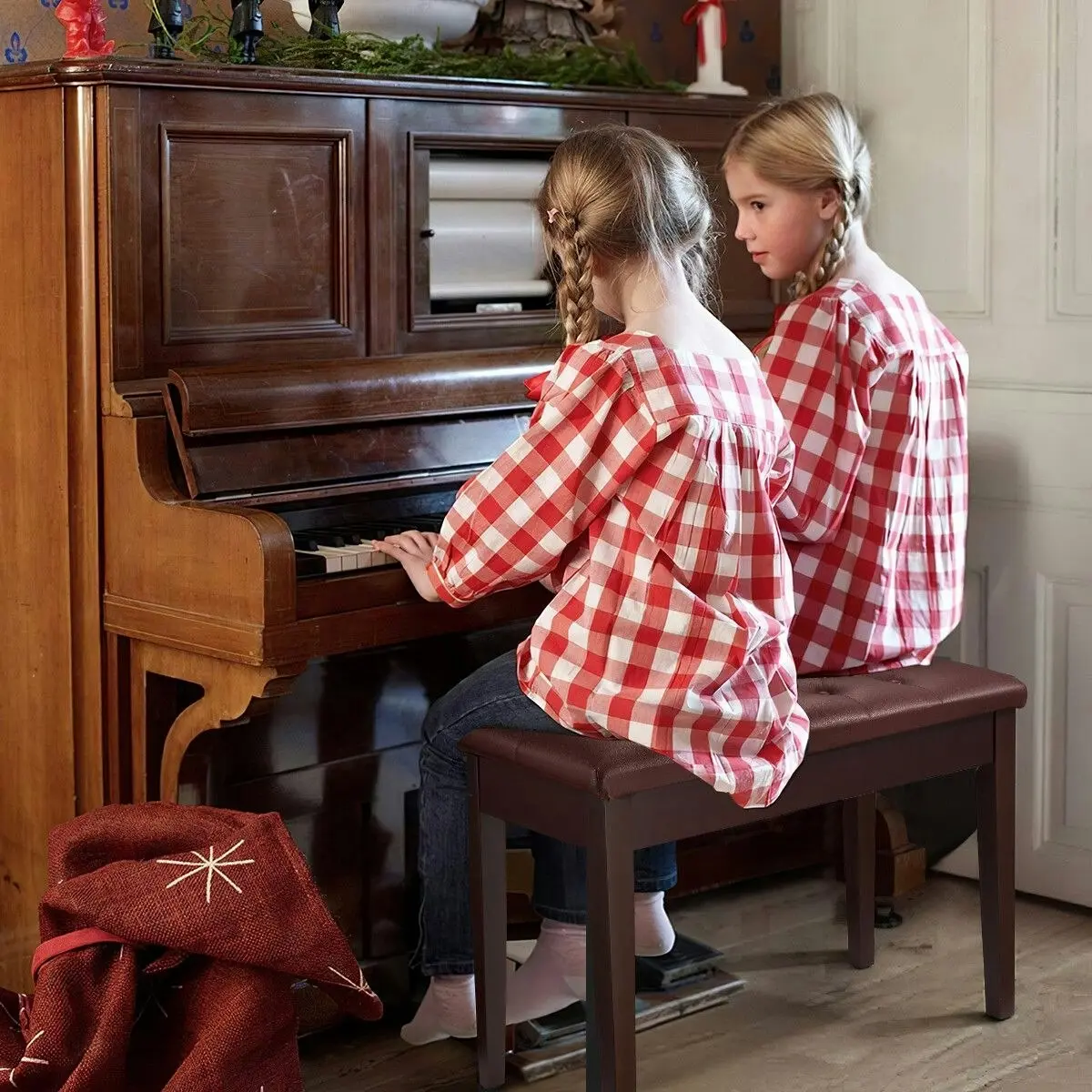 Melodic  Luxury Piano Keyboard Stool Bench Chair with Faux Leather Seat and Storage Compartment Walnut