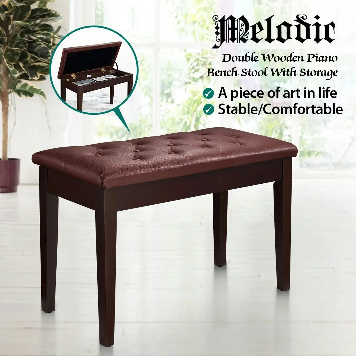 Melodic  Luxury Piano Keyboard Stool Bench Chair with Faux Leather Seat and Storage Compartment Walnut