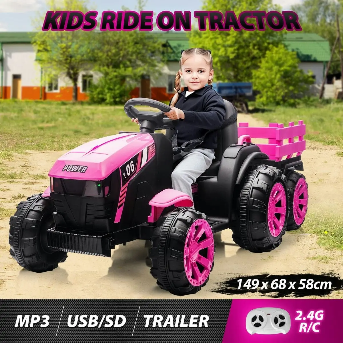 Ausway Kids Electric Cars Ride On Toy Tractor Trailer Vehicle Parental Remote Control Pink 12V Battery MP3 Safety Belt LED Light