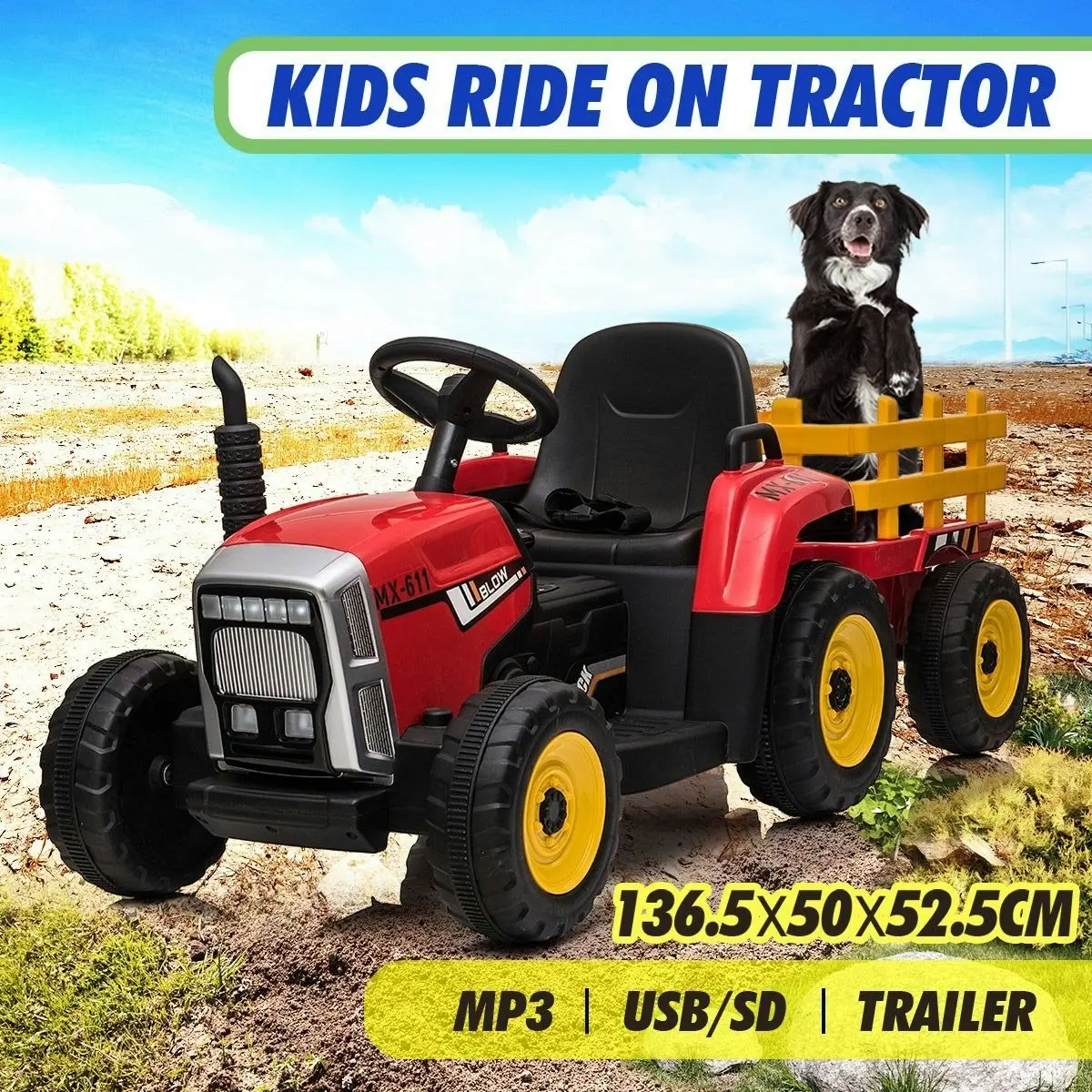 Ausway 12V Electric Kids Ride On Tractor and Trailer Farm Toy Tractor Set