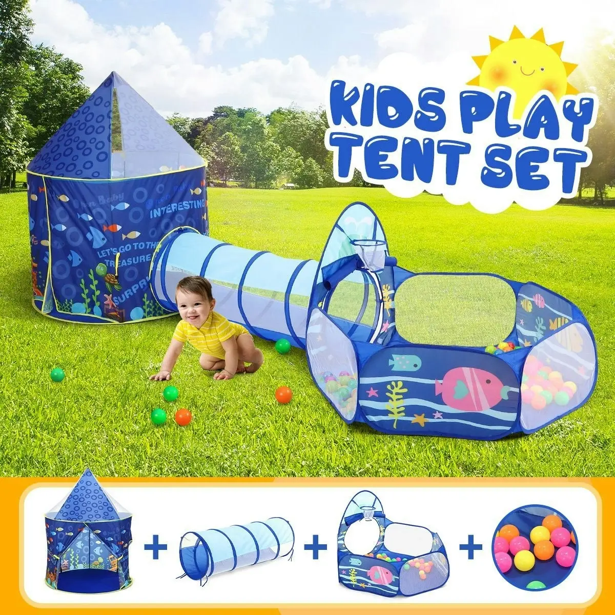 Ausway 3-In-1 Kids Play Tent House Baby Crawl Tunnel Ball Pit with Basketball Hoop