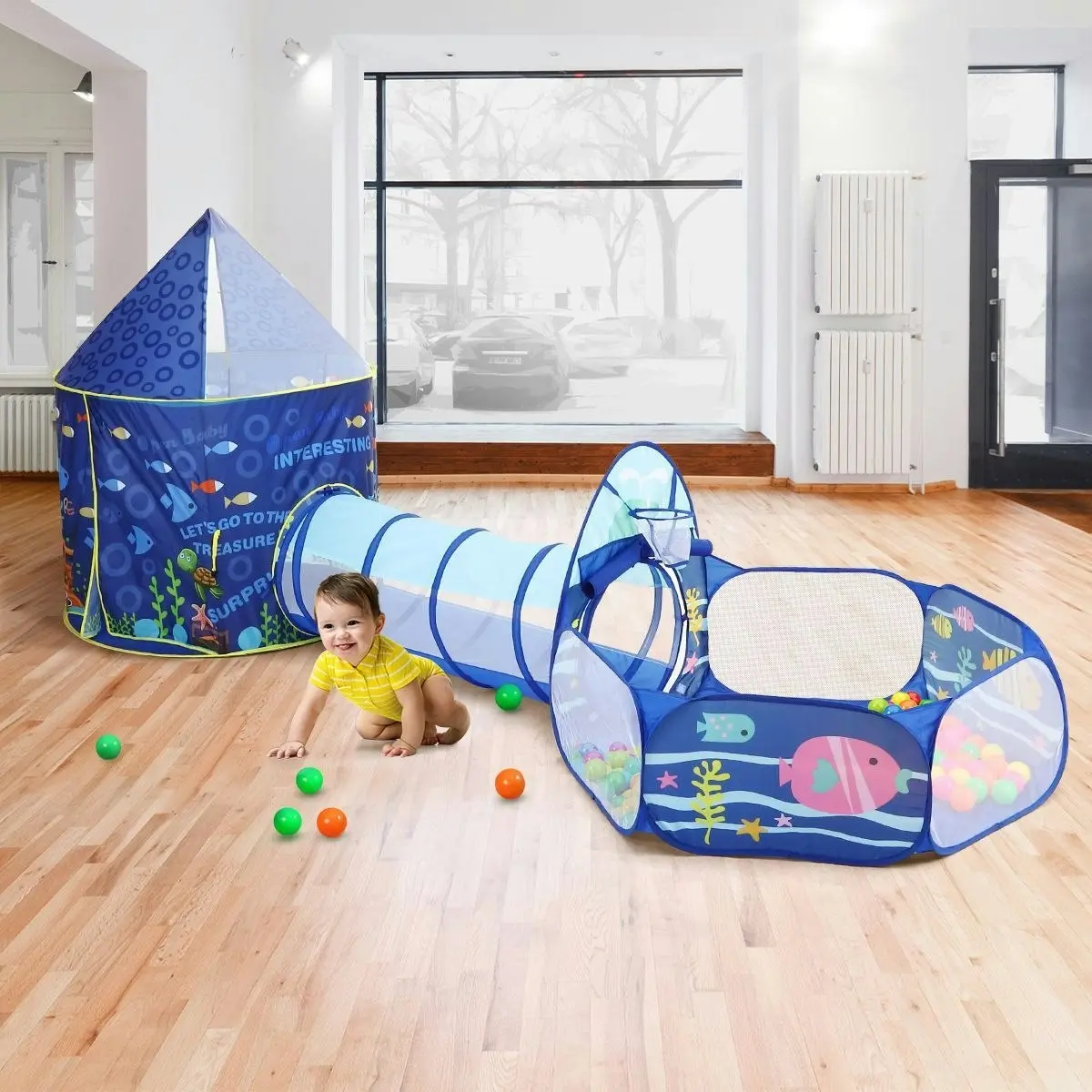 Ausway 3-In-1 Kids Play Tent House Baby Crawl Tunnel Ball Pit with Basketball Hoop