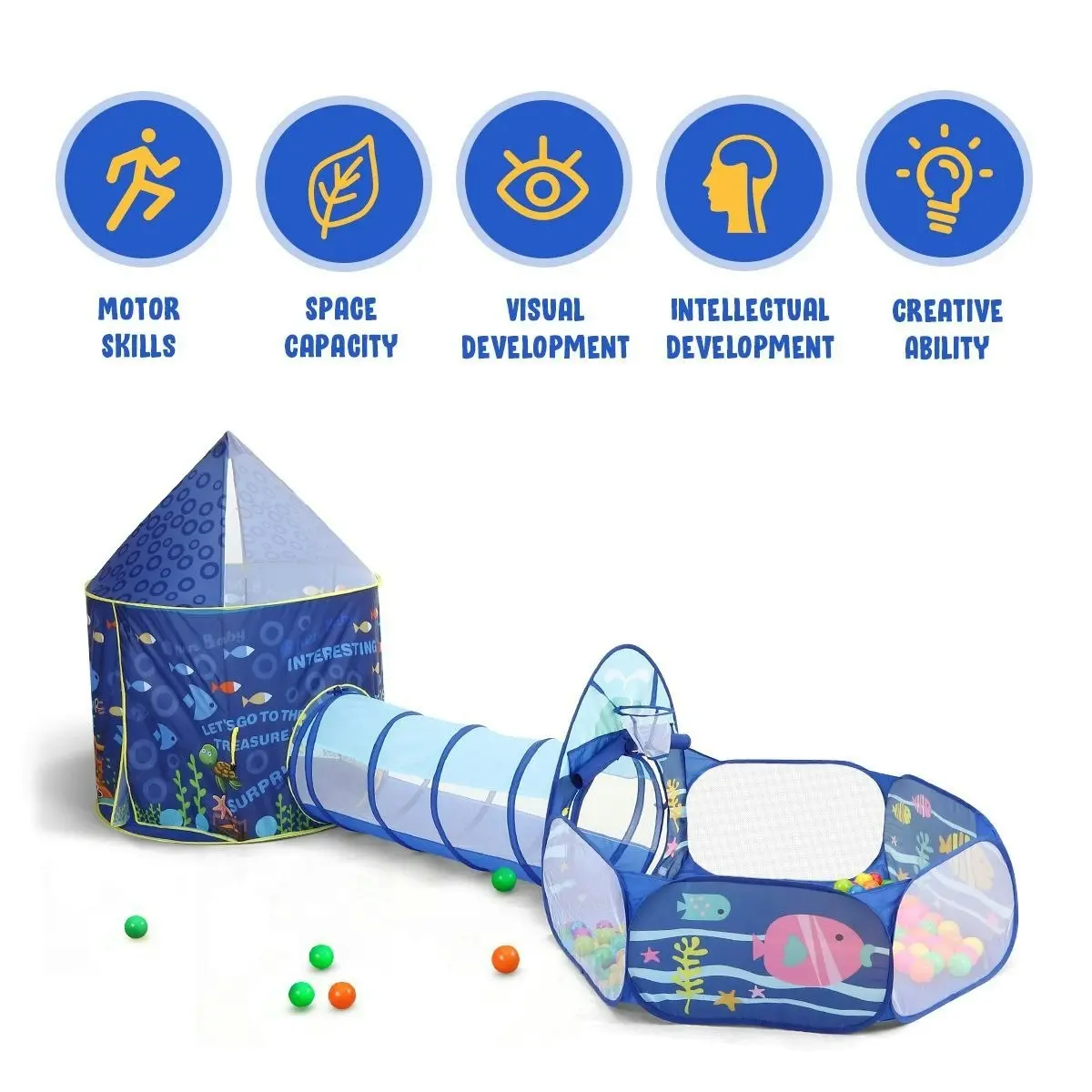 Ausway 3-In-1 Kids Play Tent House Baby Crawl Tunnel Ball Pit with Basketball Hoop