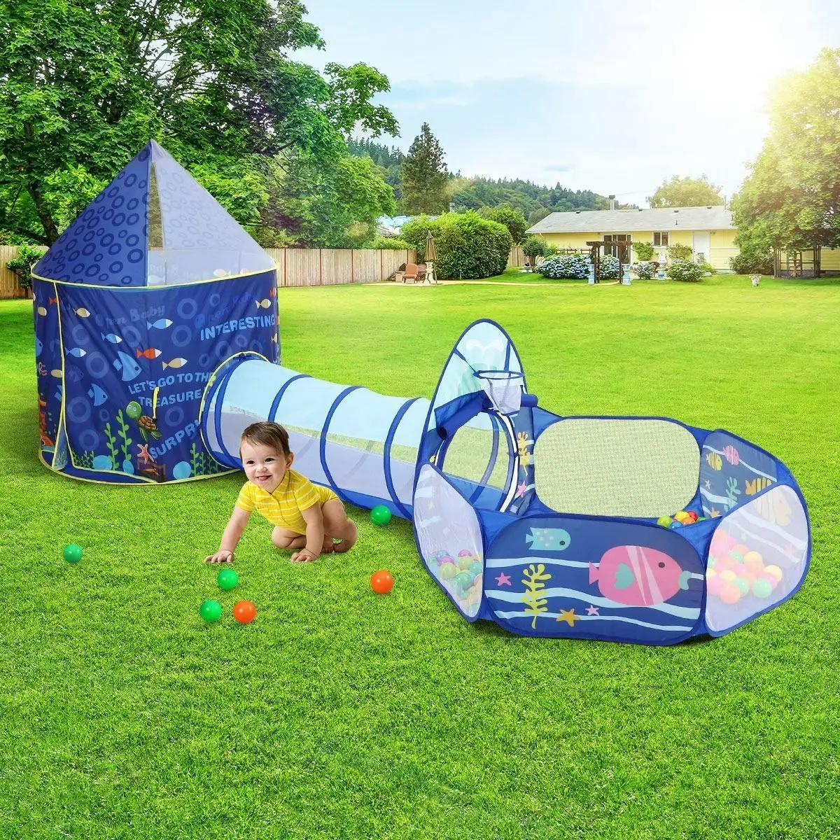 Ausway 3-In-1 Kids Play Tent House Baby Crawl Tunnel Ball Pit with Basketball Hoop