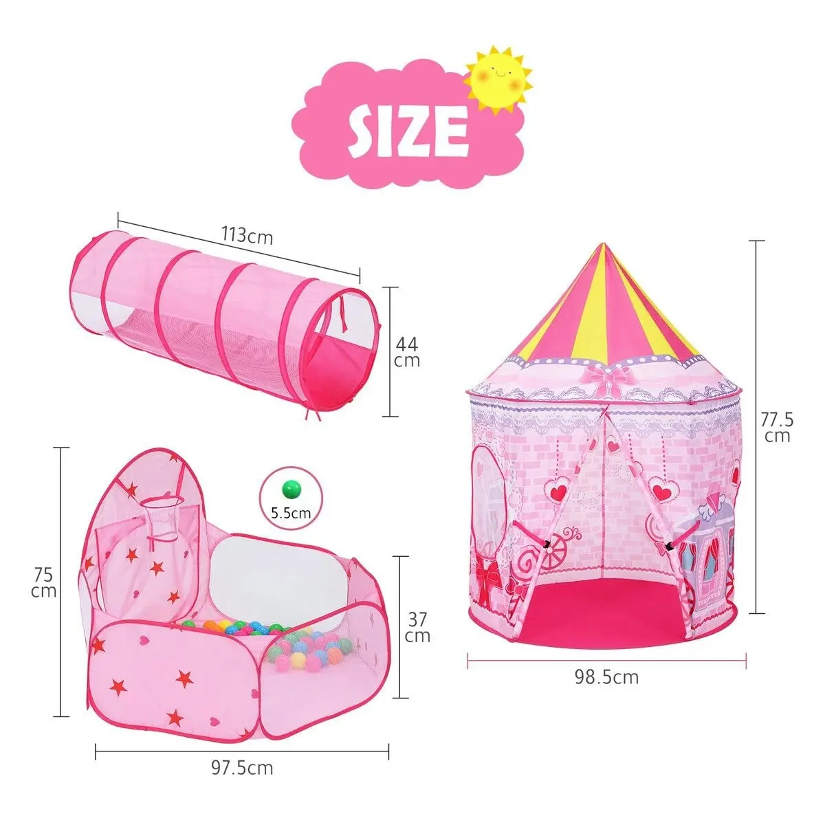 Ausway Kids Teepee Pop Up Tent 3 In 1 Playhouse Ball Pit Crawl Tunnel Basketball Hoop Playground Activity Centre Princess Castle