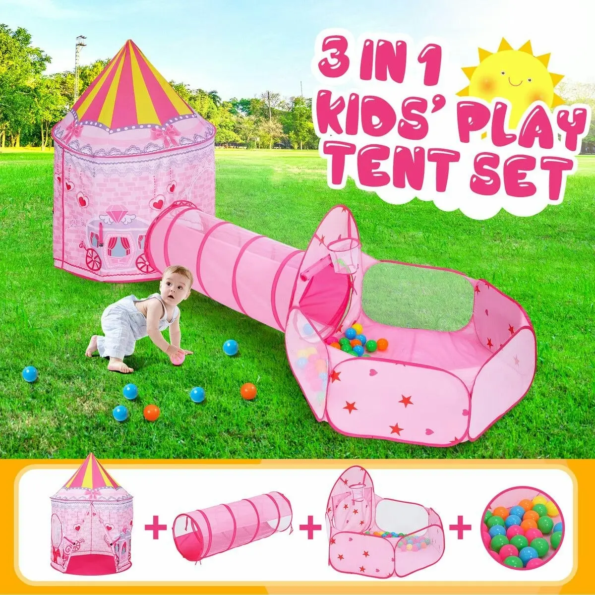 Ausway Kids Teepee Pop Up Tent 3 In 1 Playhouse Ball Pit Crawl Tunnel Basketball Hoop Playground Activity Centre Princess Castle