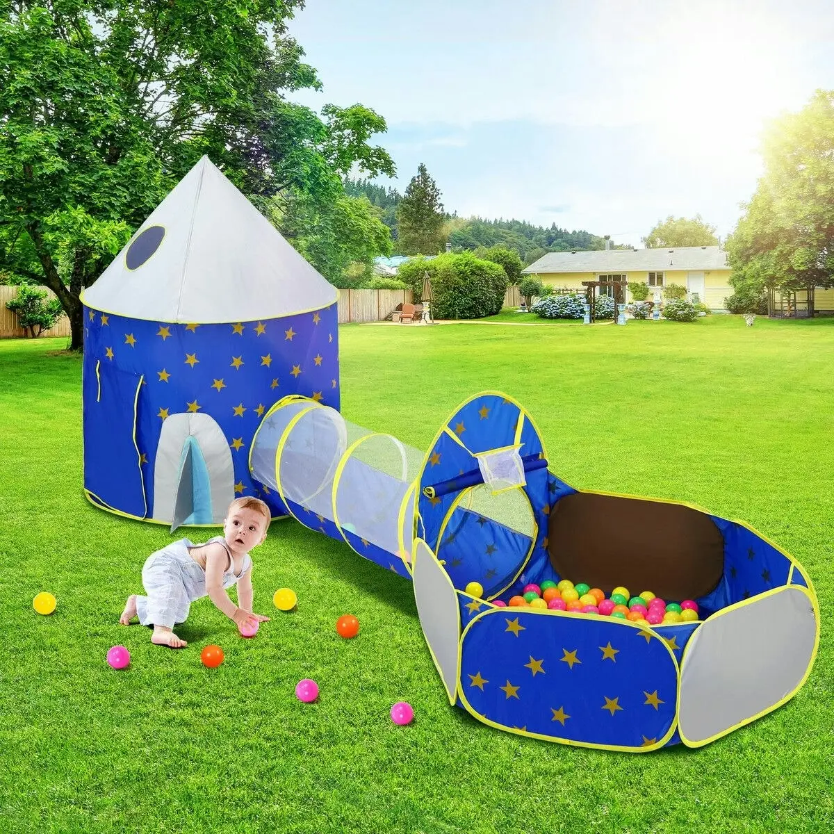 Ausway Kids Pop Up Tent Ball Pit Basketball Hoop Dollhouse Indoor Playground Teepee Playhouse Princess Castle Crawl Tunnel Outdoor Playset Blue