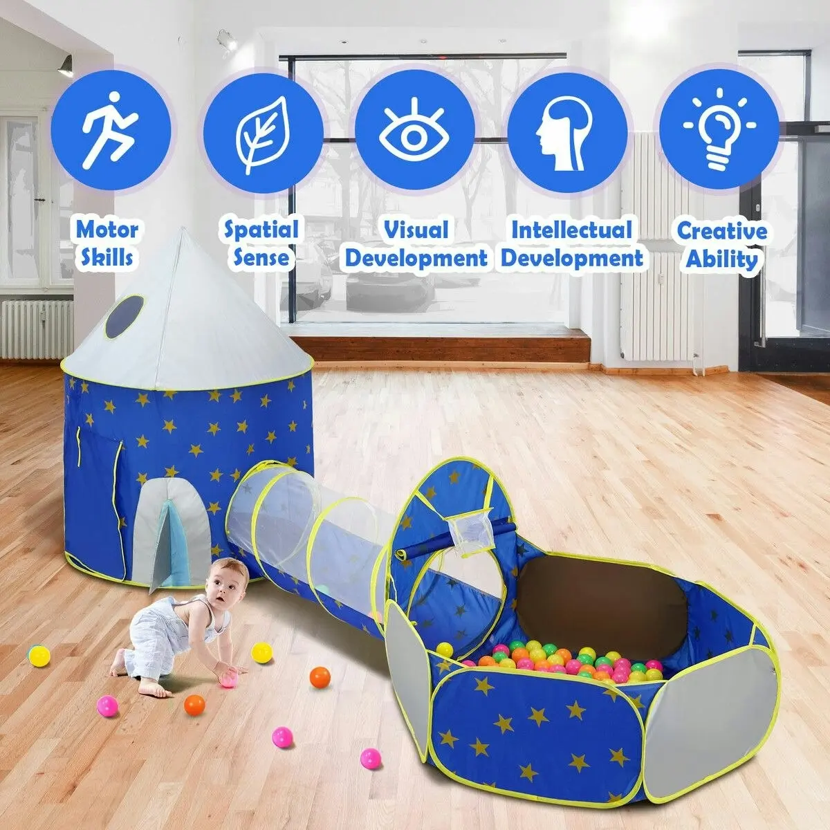 Ausway Kids Pop Up Tent Ball Pit Basketball Hoop Dollhouse Indoor Playground Teepee Playhouse Princess Castle Crawl Tunnel Outdoor Playset Blue