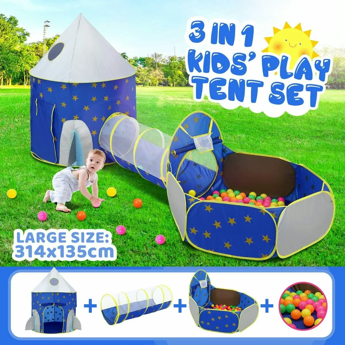 Ausway Kids Pop Up Tent Ball Pit Basketball Hoop Dollhouse Indoor Playground Teepee Playhouse Princess Castle Crawl Tunnel Outdoor Playset Blue