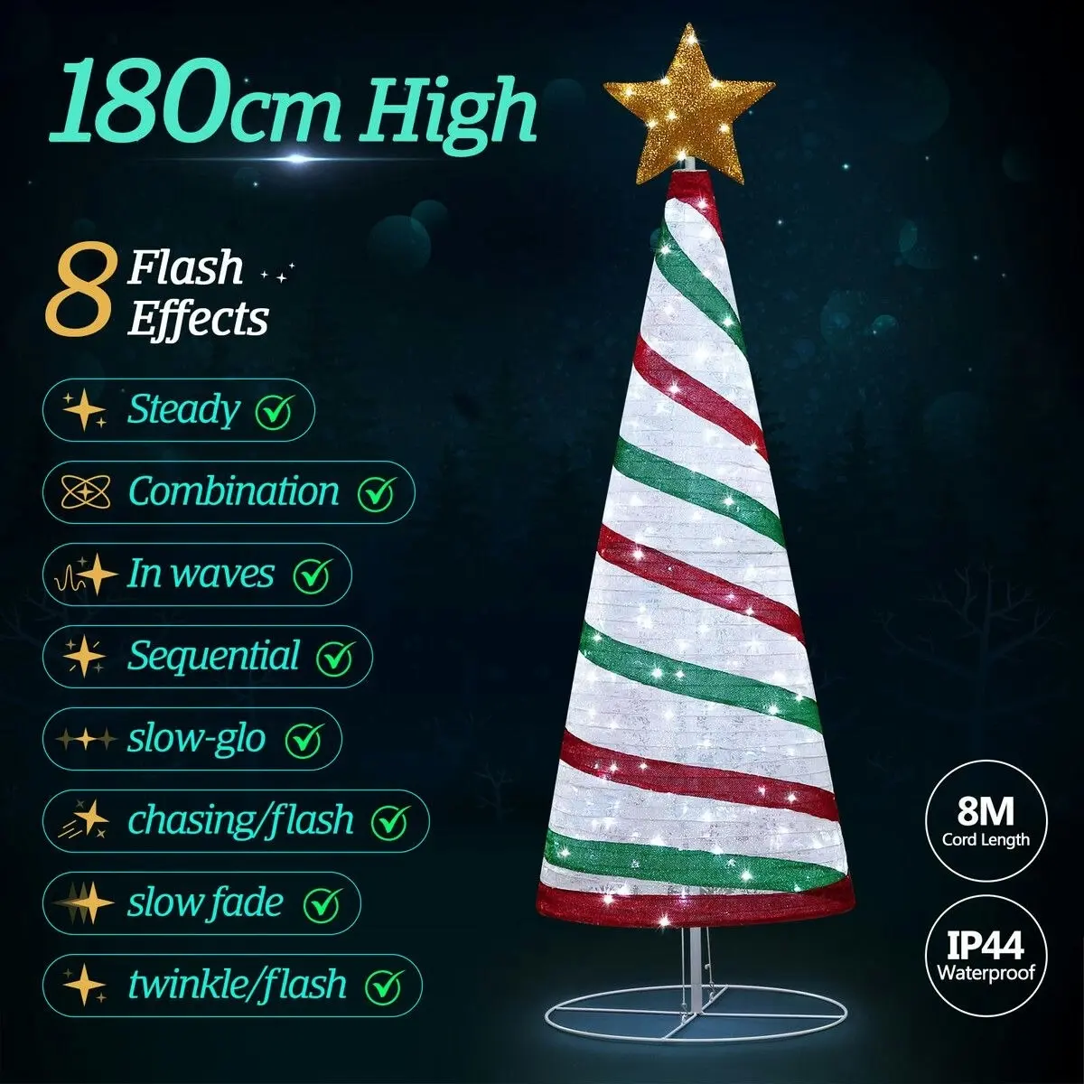 Solight 180cm Ribbon Christmas Tree Light Decoration LED Strip Ornaments Xmas Home Outdoor Display Folding Star Topper 8 Flickering Effects