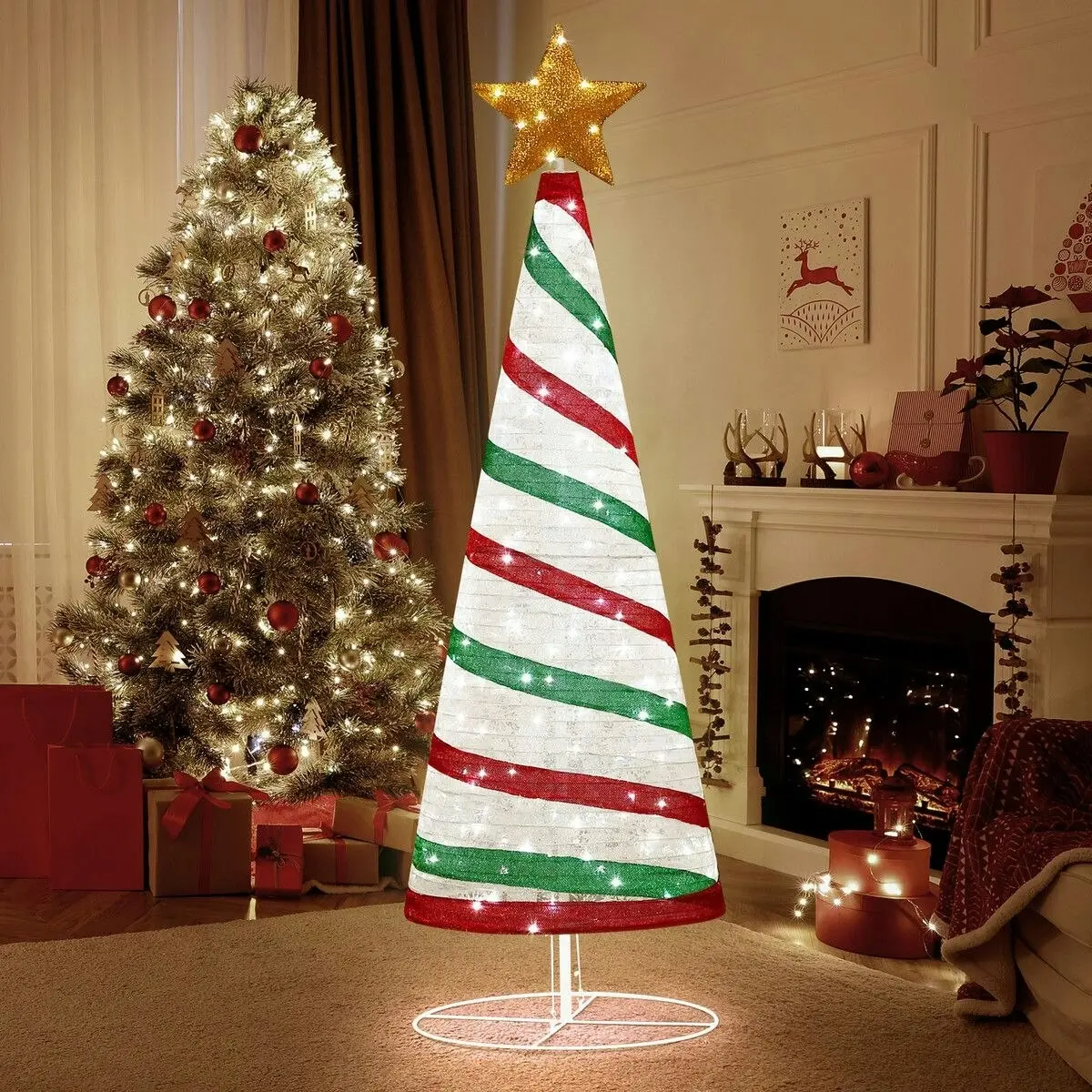 Solight 180cm Ribbon Christmas Tree Light Decoration LED Strip Ornaments Xmas Home Outdoor Display Folding Star Topper 8 Flickering Effects