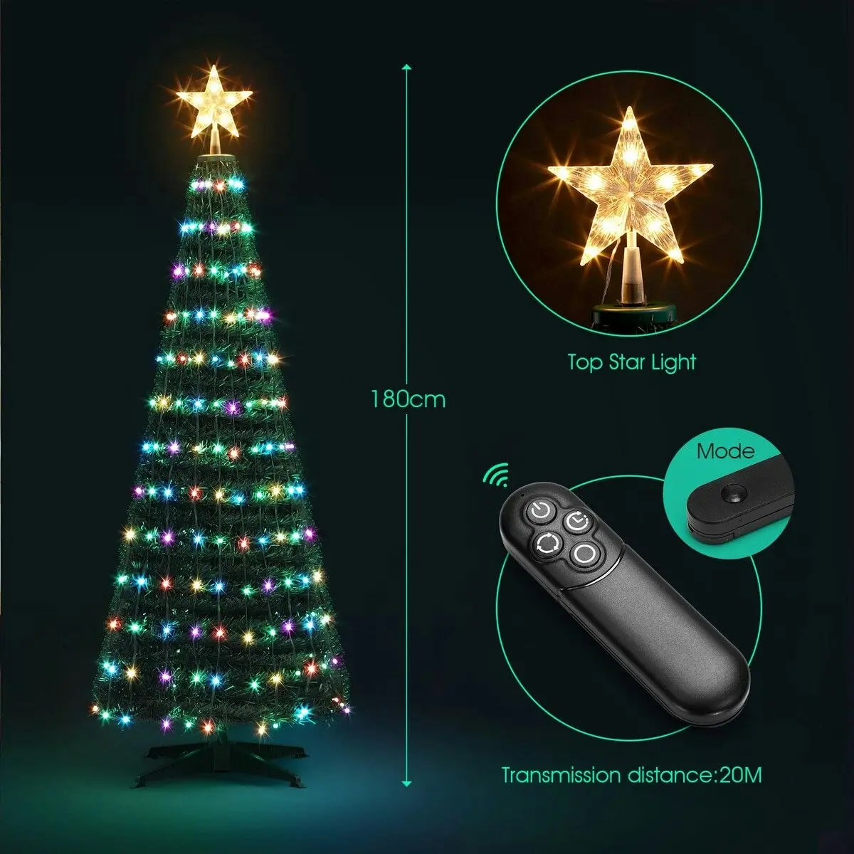 Solight 180cm Christmas Tree With RGB LED Light Xmas Spruce Artificial Holiday Decor Ornament Indoor Remote Control 18 Lighting Modes