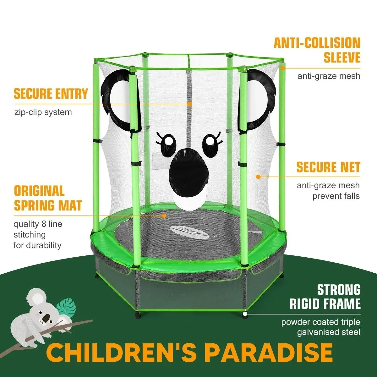 Genki  55 Inch Koala Trampoline for Kids with Safety Net Enclosure