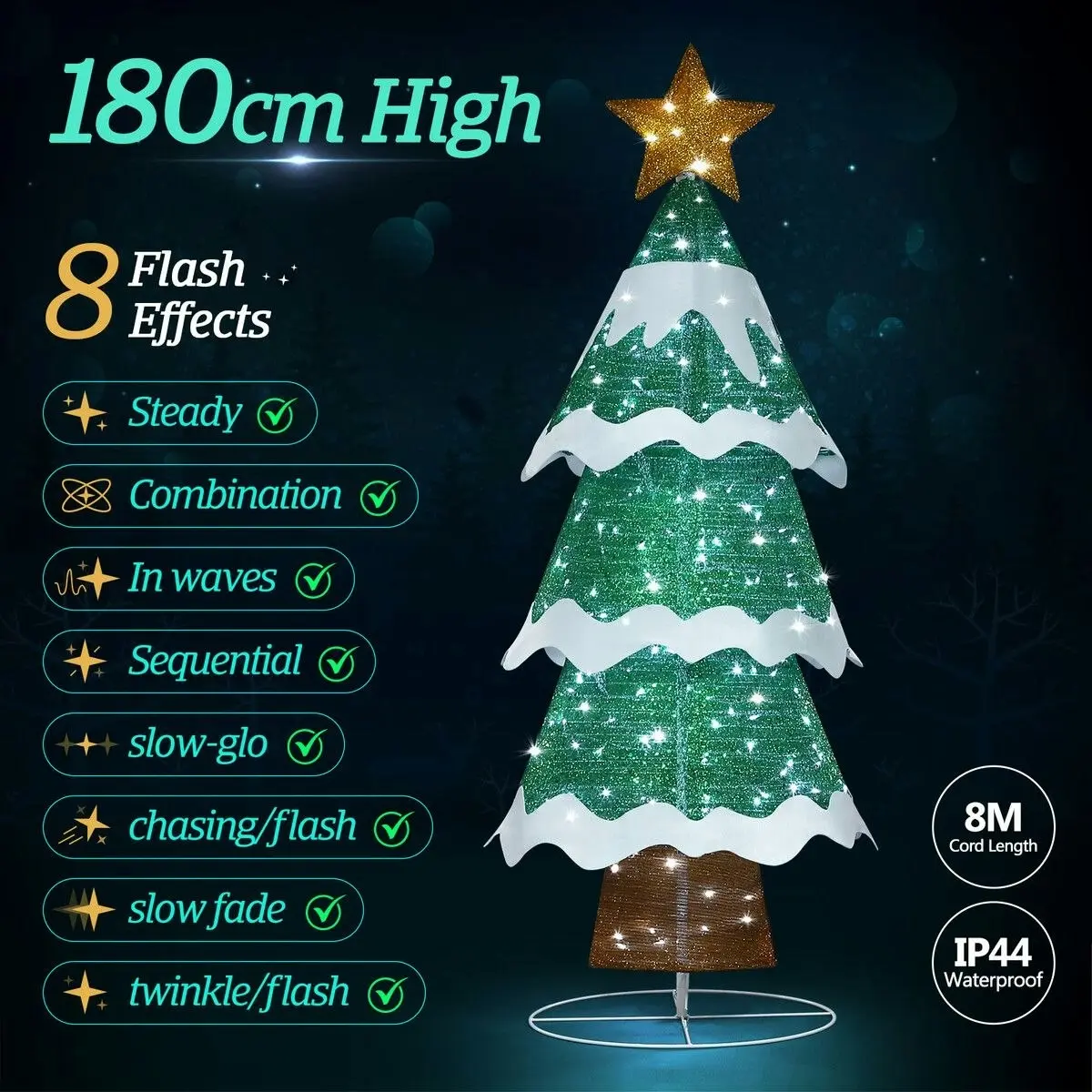 Solight 180cm Christmas Tree Decoration LED Strip Light Home Display Xmas Outdoor Holiday Ornaments Folding 3 Tiers 8 Flickering Effects Star Topper