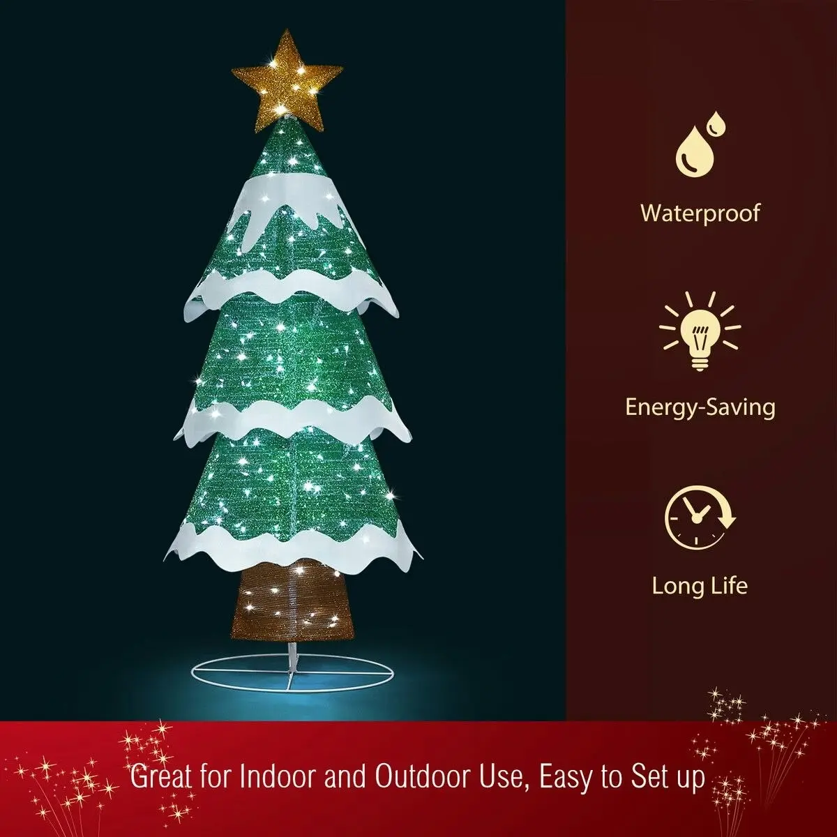 Solight 180cm Christmas Tree Decoration LED Strip Light Home Display Xmas Outdoor Holiday Ornaments Folding 3 Tiers 8 Flickering Effects Star Topper