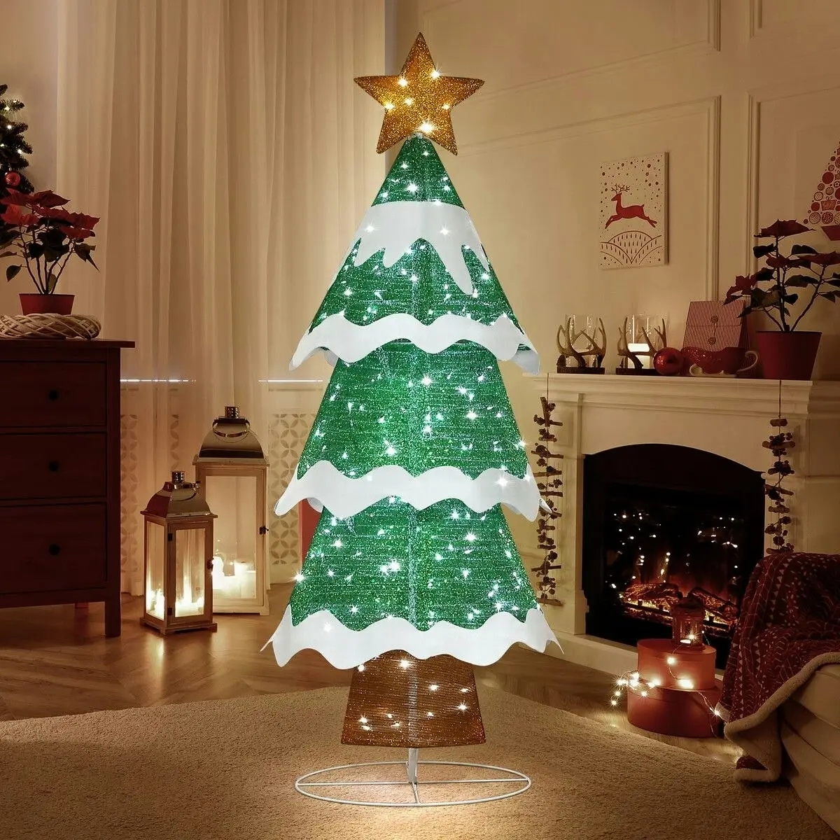 Solight 180cm Christmas Tree Decoration LED Strip Light Home Display Xmas Outdoor Holiday Ornaments Folding 3 Tiers 8 Flickering Effects Star Topper