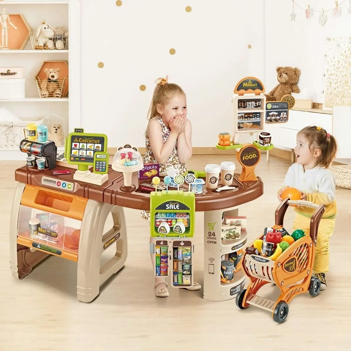 Ausway 65 Accessories Kids Pretend Role Play Shop Grocery Supermarket Toy Set with Trolley