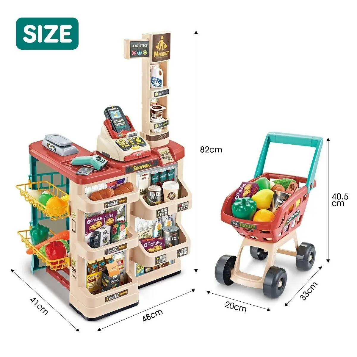 Ausway 48 Pieces Preschool Kids Pretend Play Shop Grocery Supermarket with Trolley