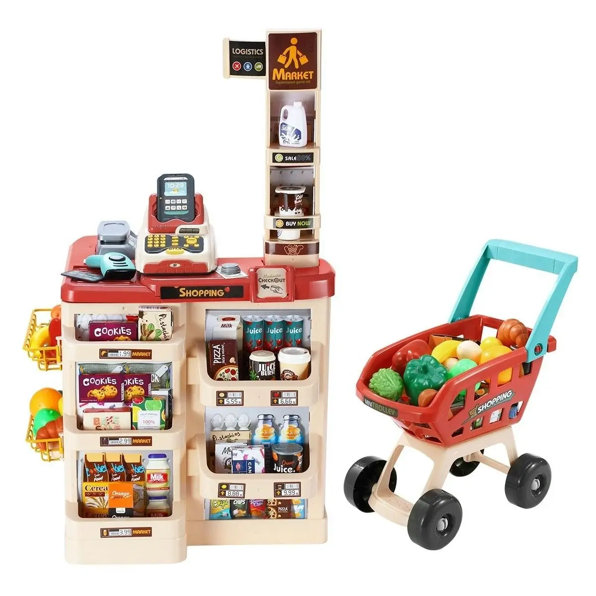 Ausway 48 Pieces Preschool Kids Pretend Play Shop Grocery Supermarket with Trolley