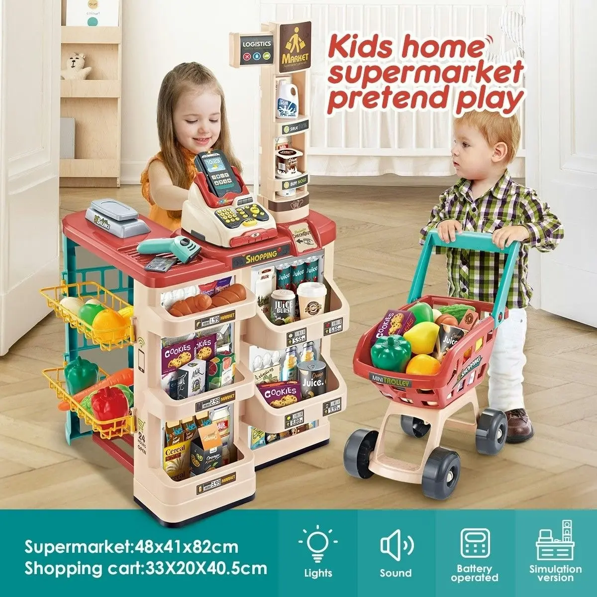 Ausway 48 Pieces Preschool Kids Pretend Play Shop Grocery Supermarket with Trolley