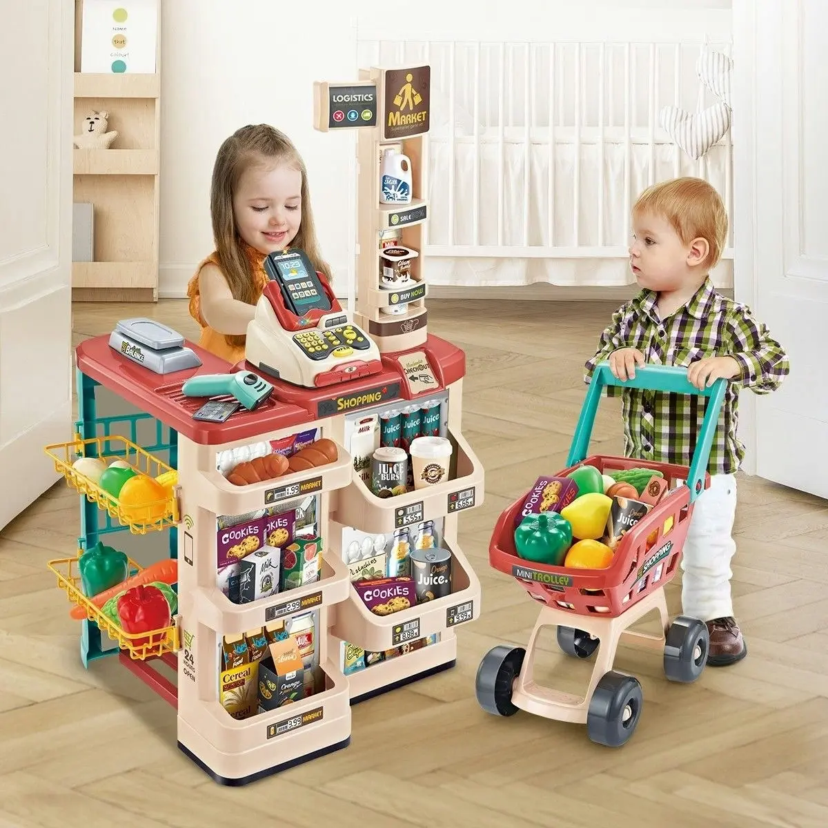 Ausway 48 Pieces Preschool Kids Pretend Play Shop Grocery Supermarket with Trolley