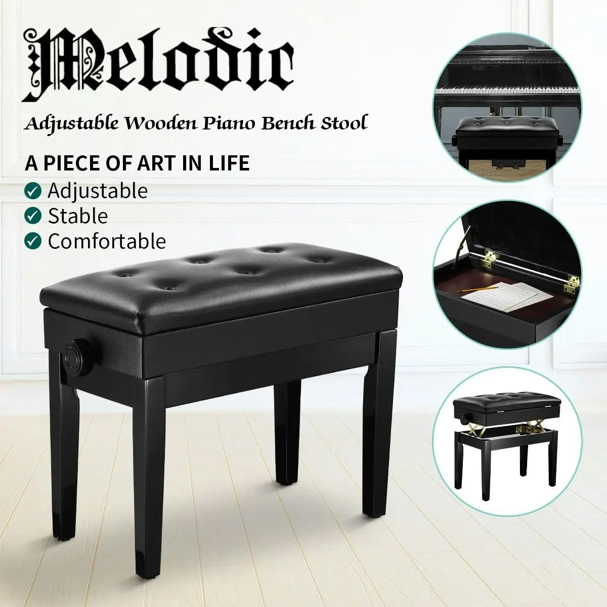 Melodic  Adjustable Wood Keyboard Piano Bench Stool with Built-in Storage Black