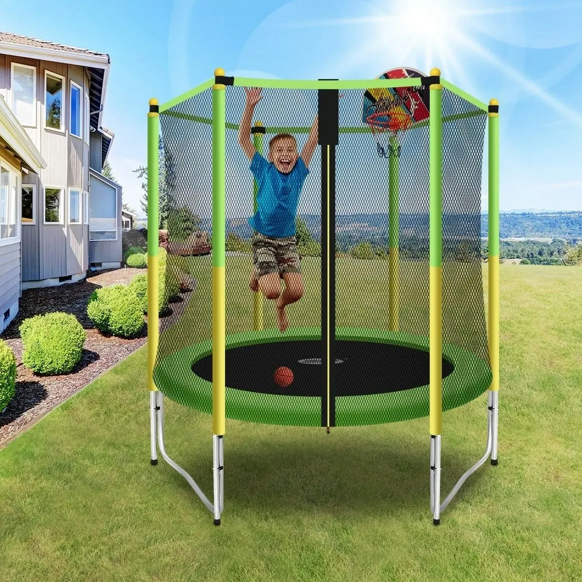 Genki  60 Inch Kids Round Trampoline with Safety Enclosure & Basketball Hoop