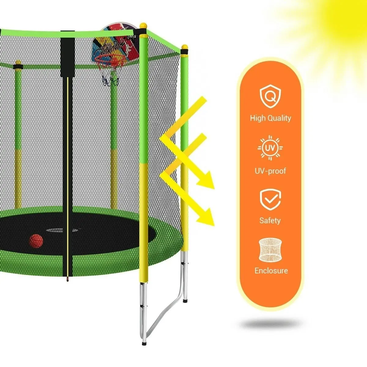 Genki  60 Inch Kids Round Trampoline with Safety Enclosure & Basketball Hoop