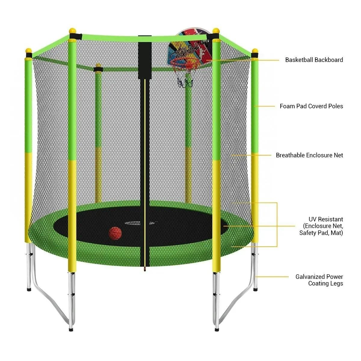 Genki  60 Inch Kids Round Trampoline with Safety Enclosure & Basketball Hoop